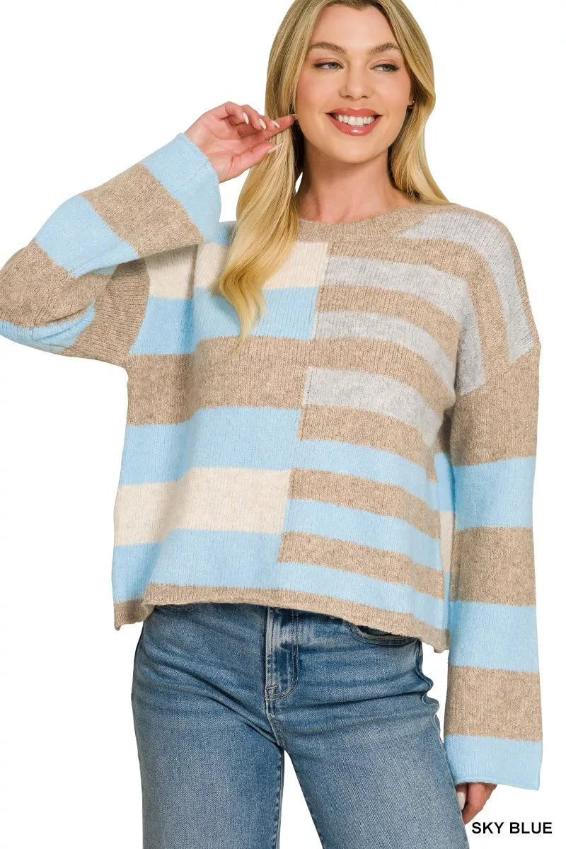 Lightweight color block sweater with sky blue and beige stripe blocks, crew neck