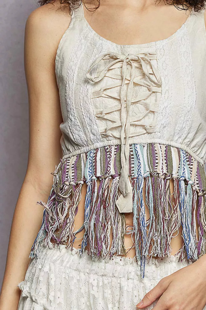 Natural lace-up tank bodice with fringe trim and grommet lacing detail