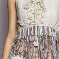 Natural lace-up tank bodice with fringe trim and grommet lacing detail