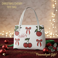 Large Waterproof Tote Bag | Personalized White Cherry & Red Bow Purse