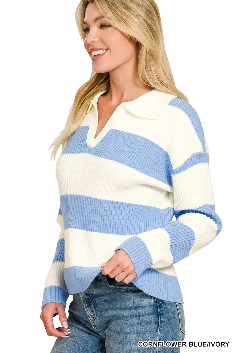Blue and ivory striped collared sweater, V-neck with long sleeves and ribbed hem