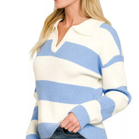 Blue and ivory striped collared sweater, V-neck with long sleeves and ribbed hem