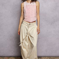 Pink ribbed cropped lace tank with round neck, sleeveless