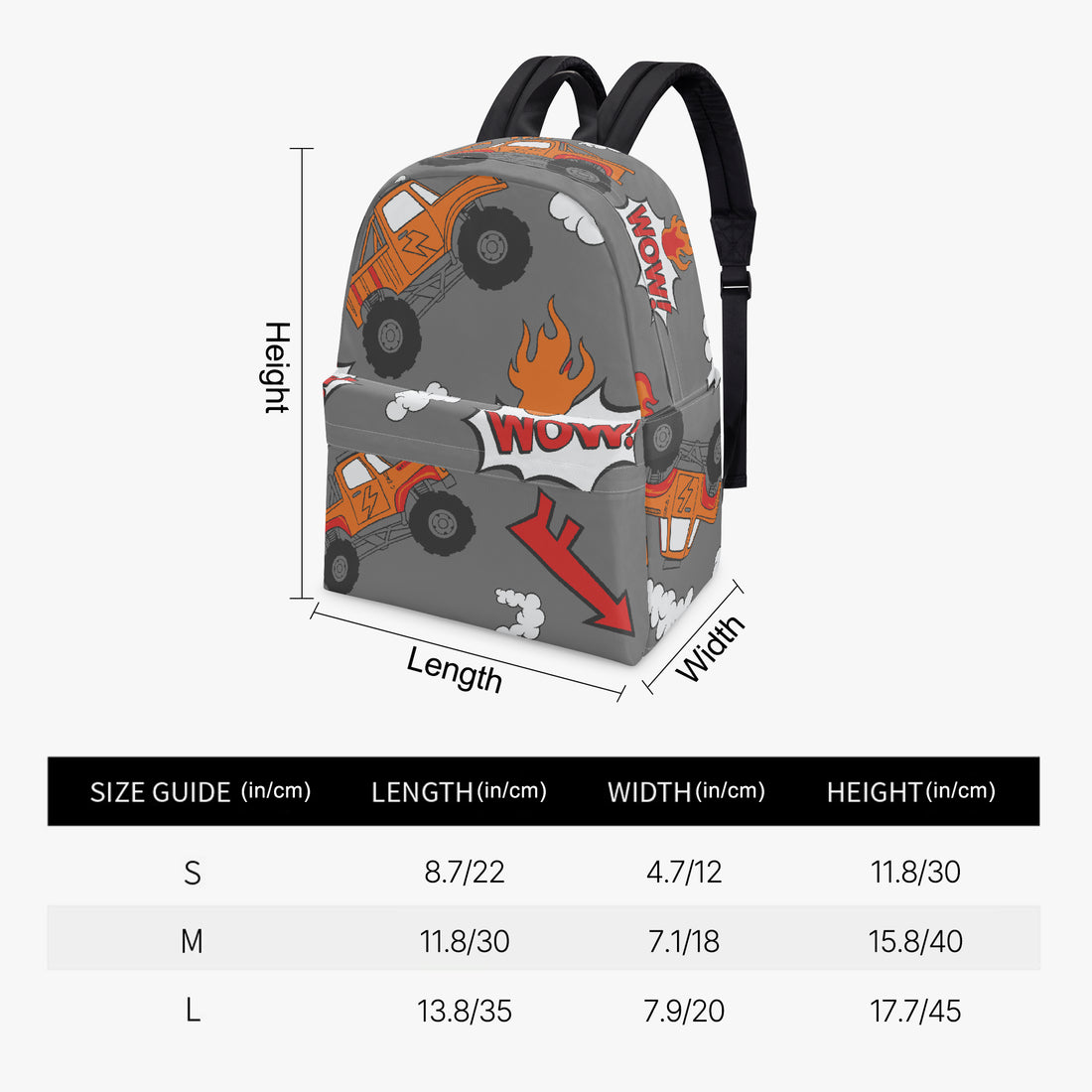 Grey monster truck backpack shown with length and height size diagram; orange flame and WOW print
