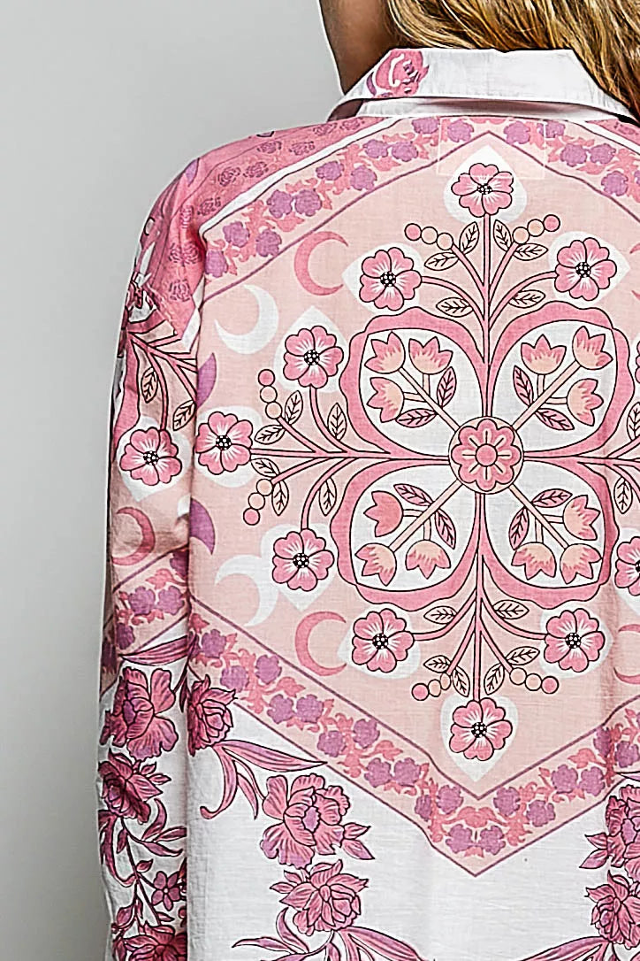 Floral button-down shirt back yoke close-up with pink floral medallion on ivory base