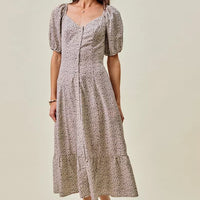 Ditsy floral maxi dress with square neckline, short puff sleeves, elastic waist