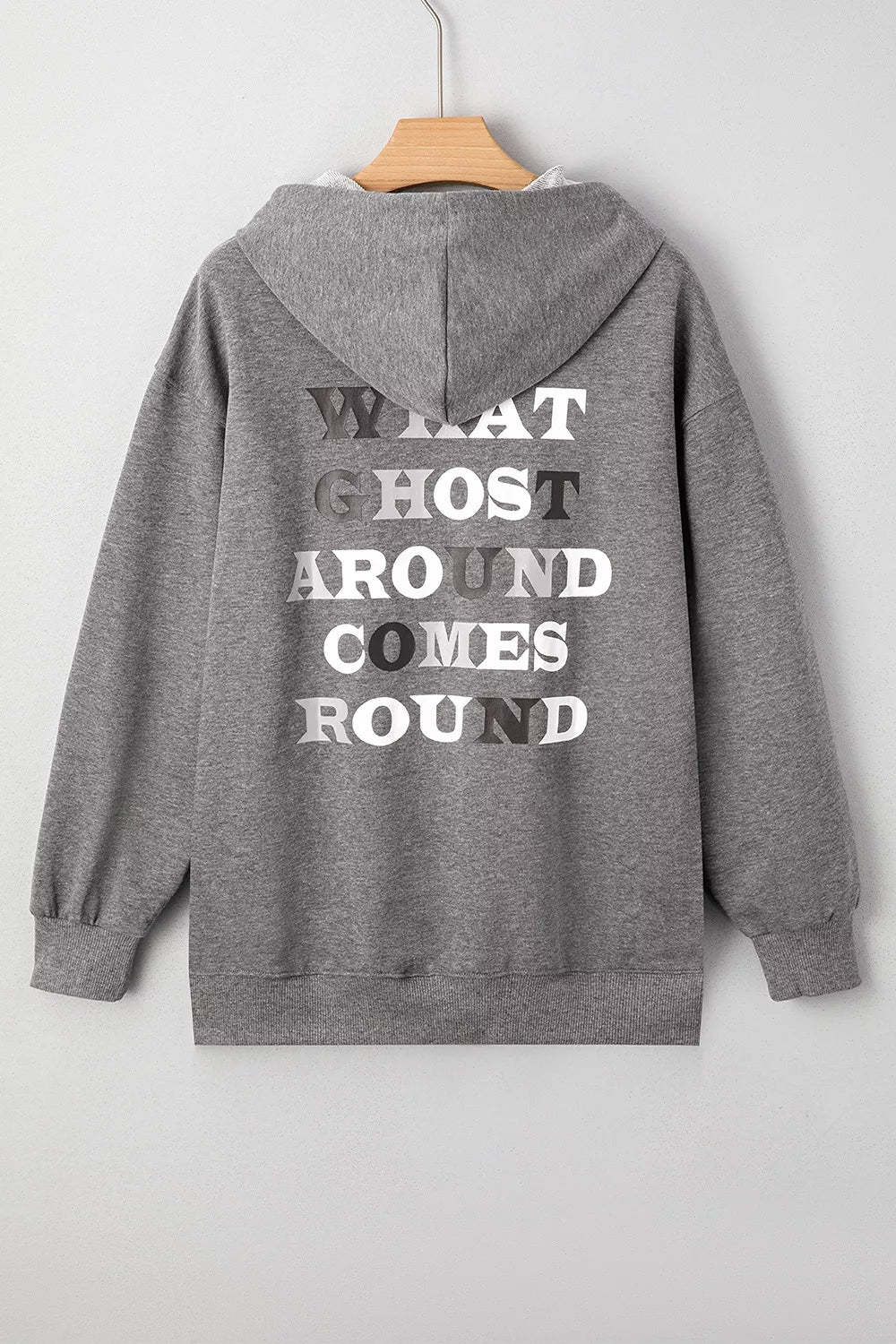 Dark gray oversize pullover hoodie with back ghost text print, hood with drawstrings