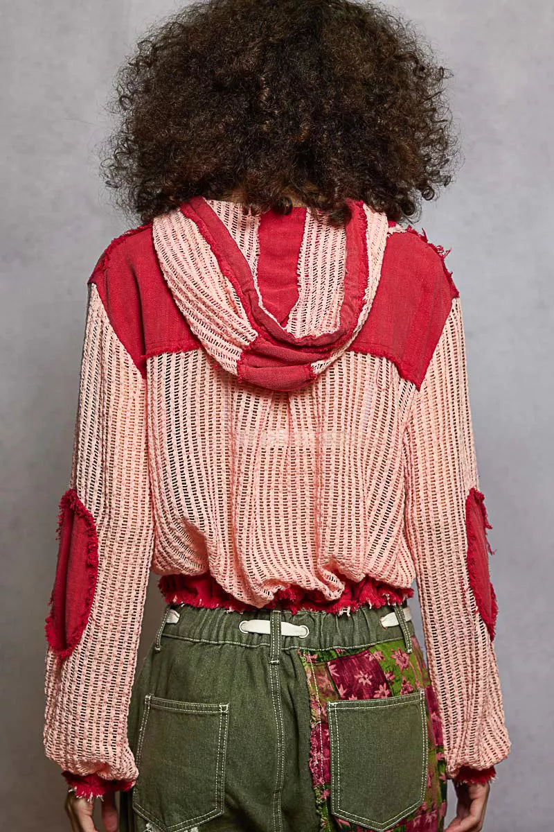 Hooded woven button-down shirt, red-and-blush striped back with drawstring hem