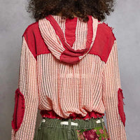 Hooded woven button-down shirt, red-and-blush striped back with drawstring hem