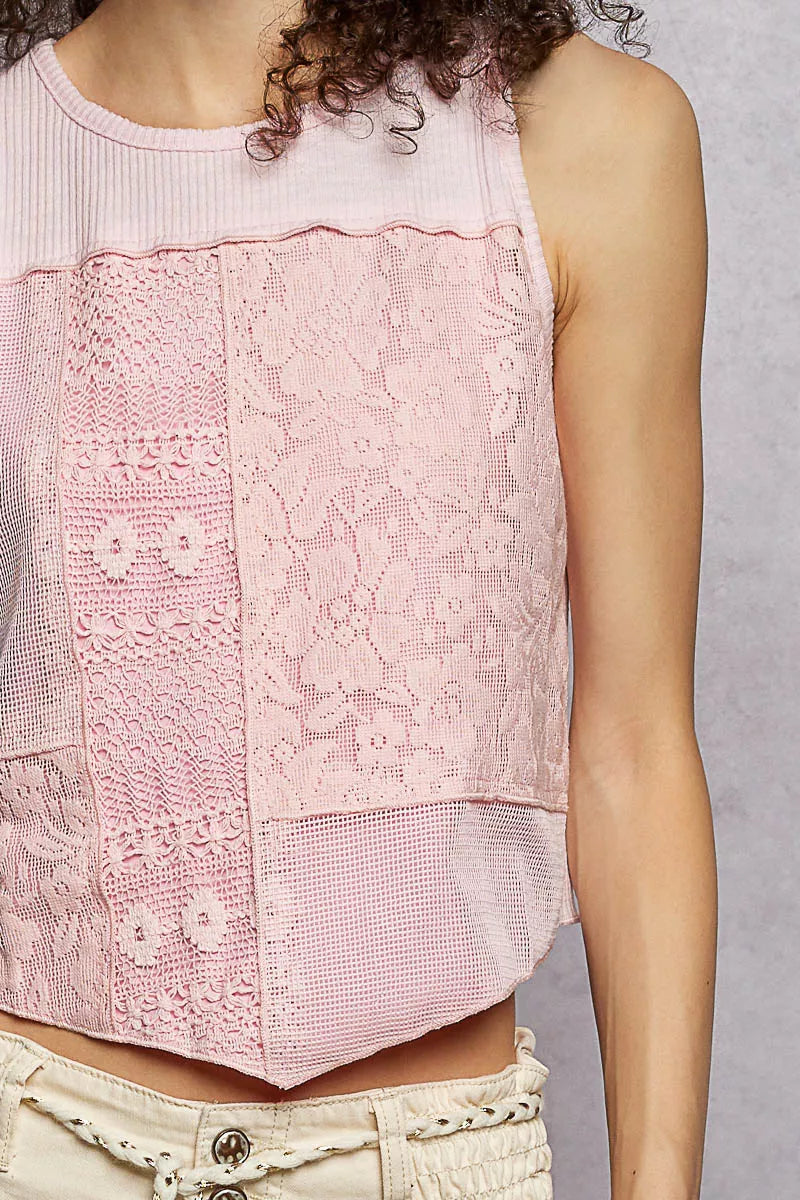 Pink ribbed cropped tank with lace front panel detail