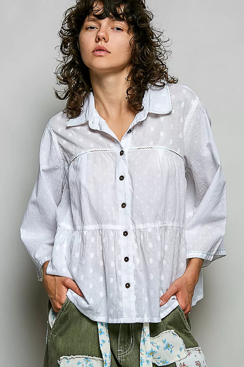 Off-white button-front shirt with tonal dots and patch yoke, front view