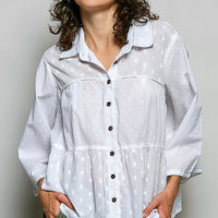 Off-white button-front shirt with tonal dots and patch yoke, front view