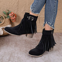 Black suede fringe ankle boots with side buckle and block heel