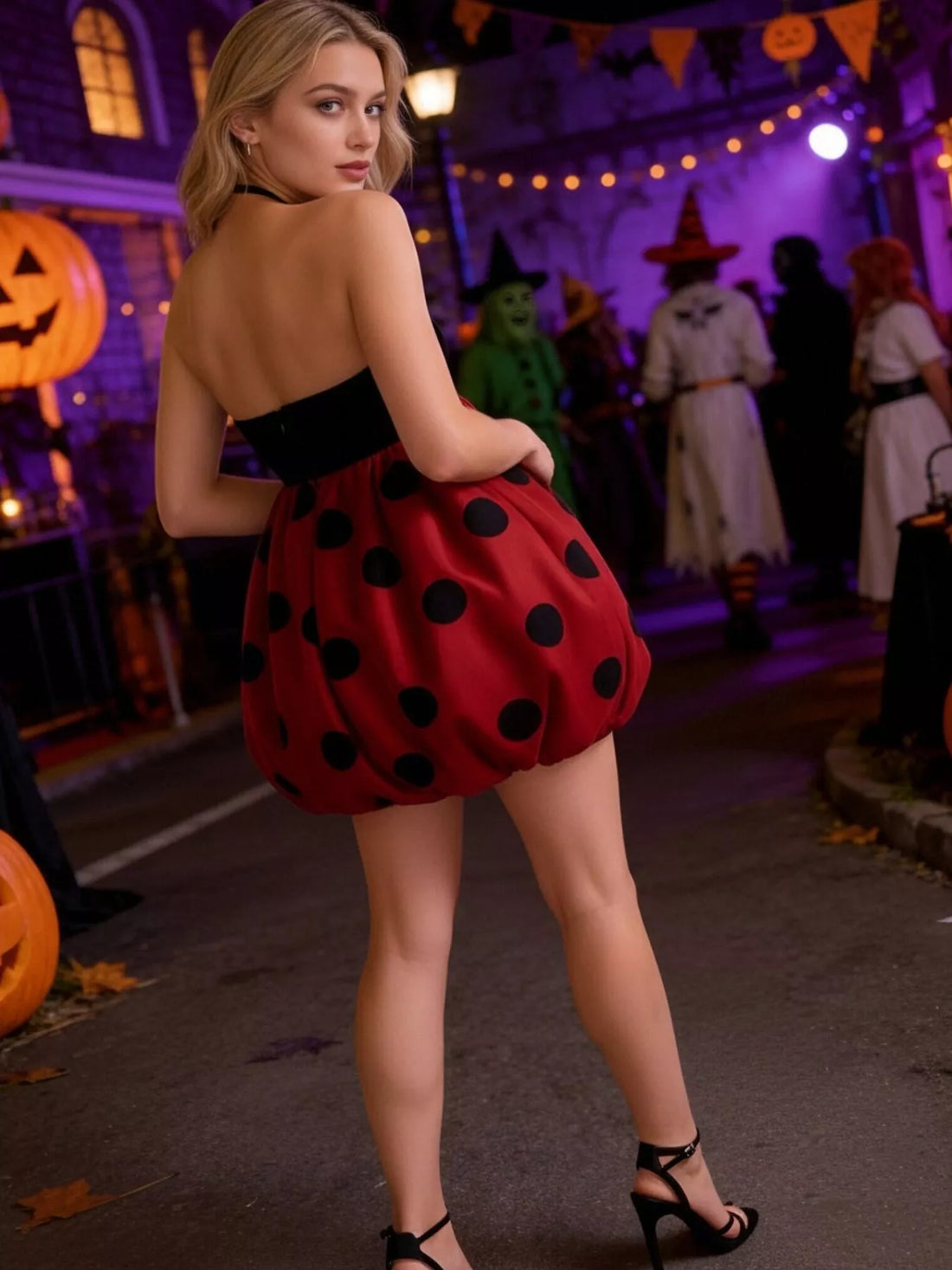 Halter neck bubble dress with black top and deep red polka-dot skirt, back view
