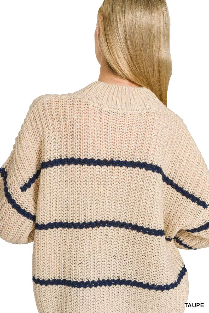 Taupe oversize striped sweater back view with navy horizontal stripe band