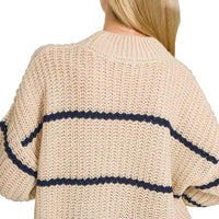 Taupe oversize striped sweater back view with navy horizontal stripe band