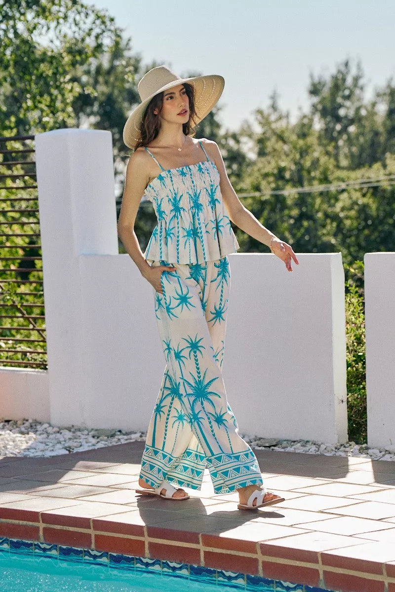 Women’s blue palm-print smocked cami top, spaghetti straps with adjustable fit