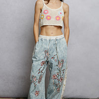 Ivory crochet cropped cami with floral embroidery, scalloped trim