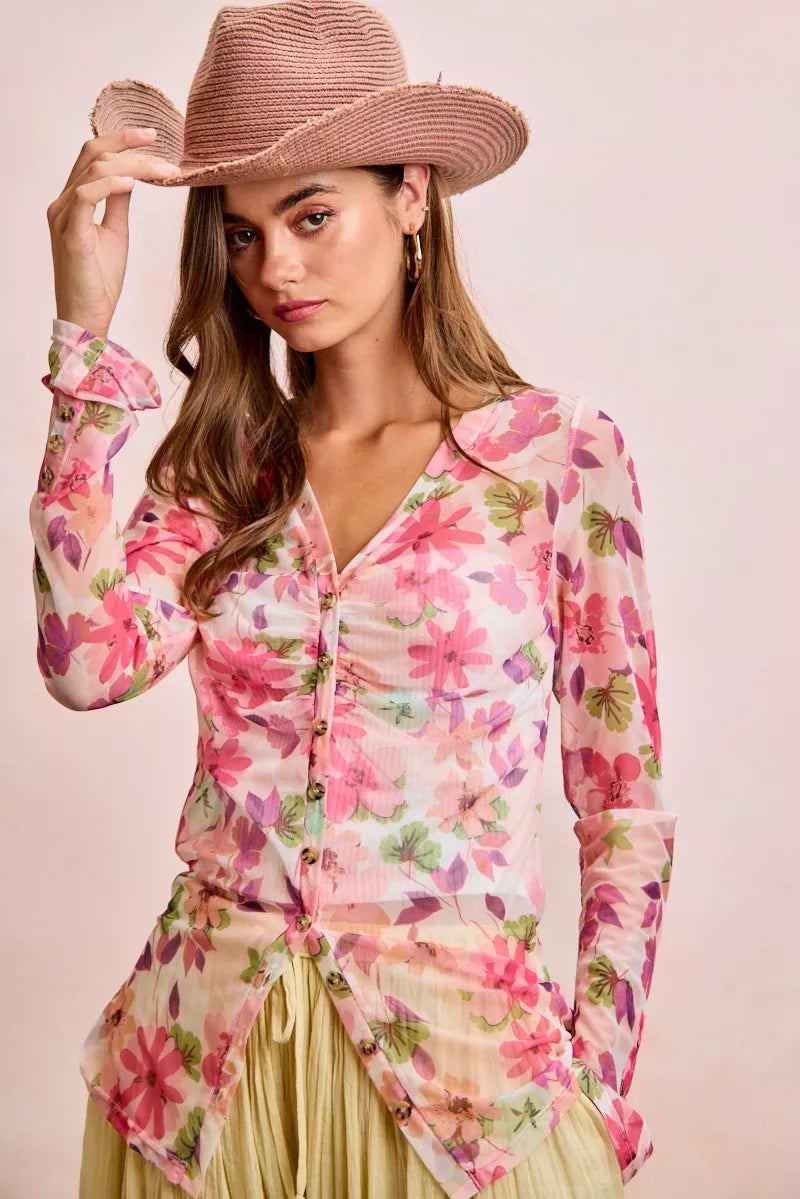 Pink multi floral mesh cardigan top with V-neckline, button front, and ruffled sleeves