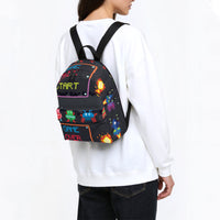 Kids canvas backpack worn, black with pixel “START” and “GAME OVER” front graphic.