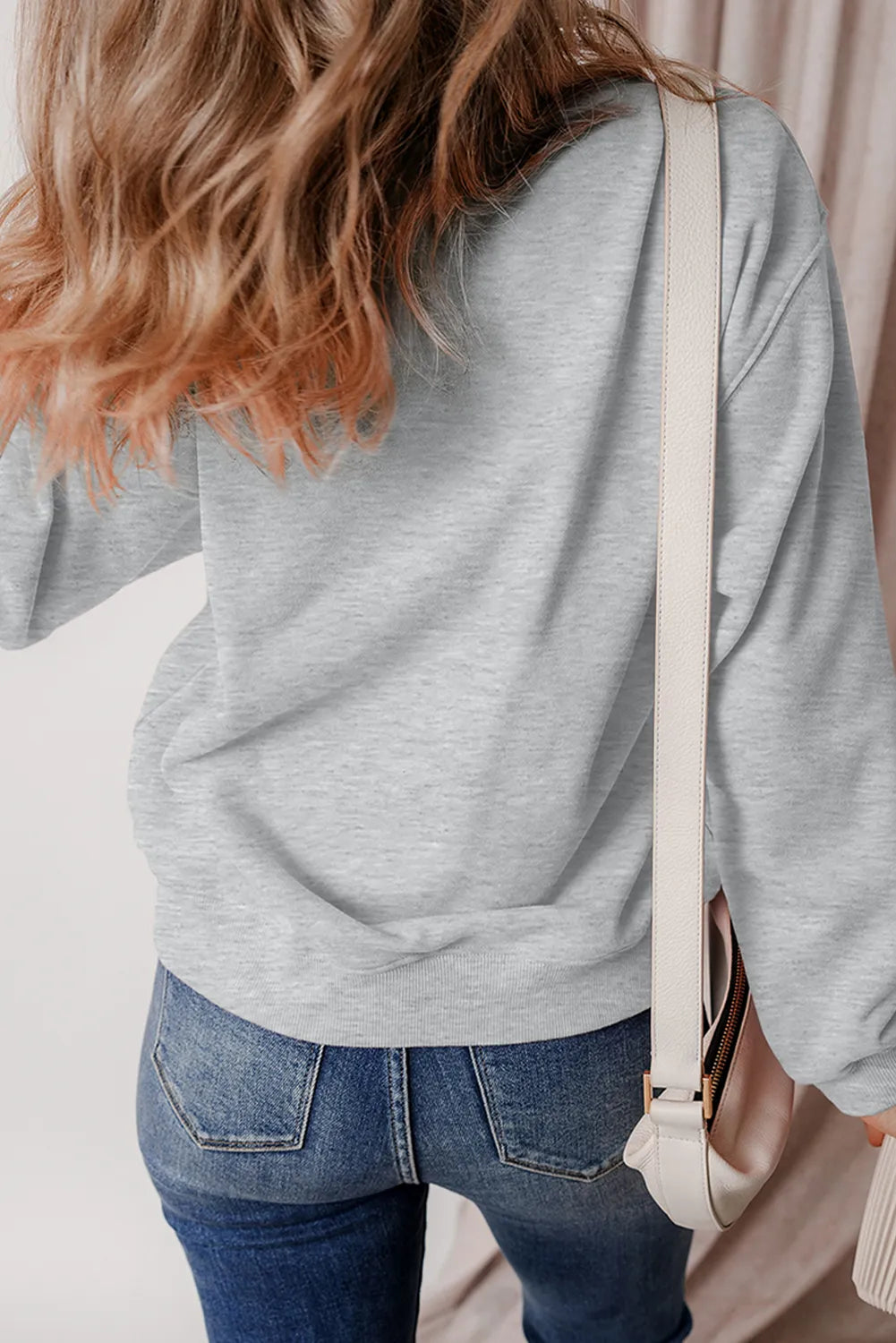 Gray long-sleeve crew sweatshirt, plain back with shoulder seam detail