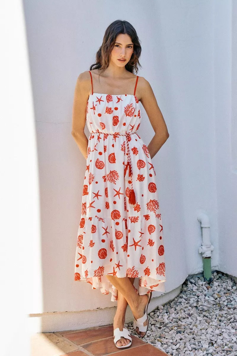 Red shell print tiered midi cami dress with belt, spaghetti straps, sleeveless, lined
