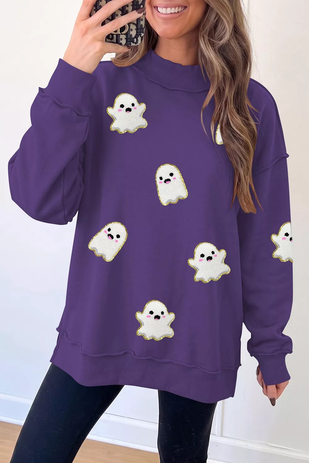 Mauve ghost-print mock neck tunic sweatshirt with long sleeves