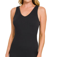 Black padded sports seamless bodysuit with scoop neckline, sleeveless fitted torso
