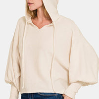 Sand beige brushed hacci cropped hoodie with hood, drop shoulders, front zip