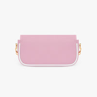 Pastel pink half-moon shoulder bag with top opening and gold chain side details