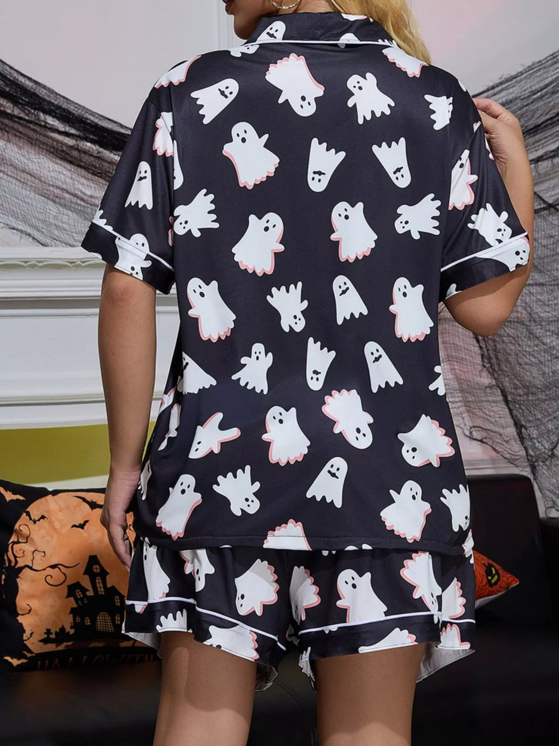 Black ghost print lounge top and shorts set, short sleeves, button front