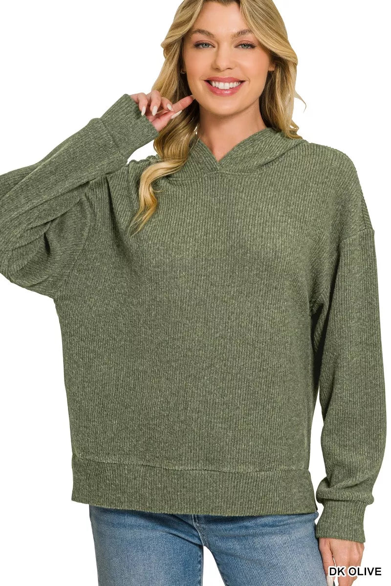 Dark olive knit hooded pullover with kangaroo pocket and ribbed cuffs