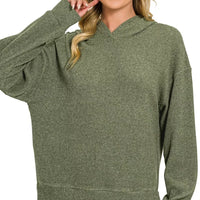 Dark olive knit hooded pullover with kangaroo pocket and ribbed cuffs