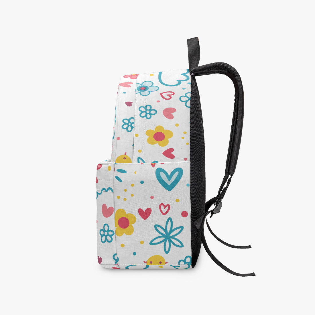Small kids canvas backpack with colorful doodle print, front pocket, and black side strap