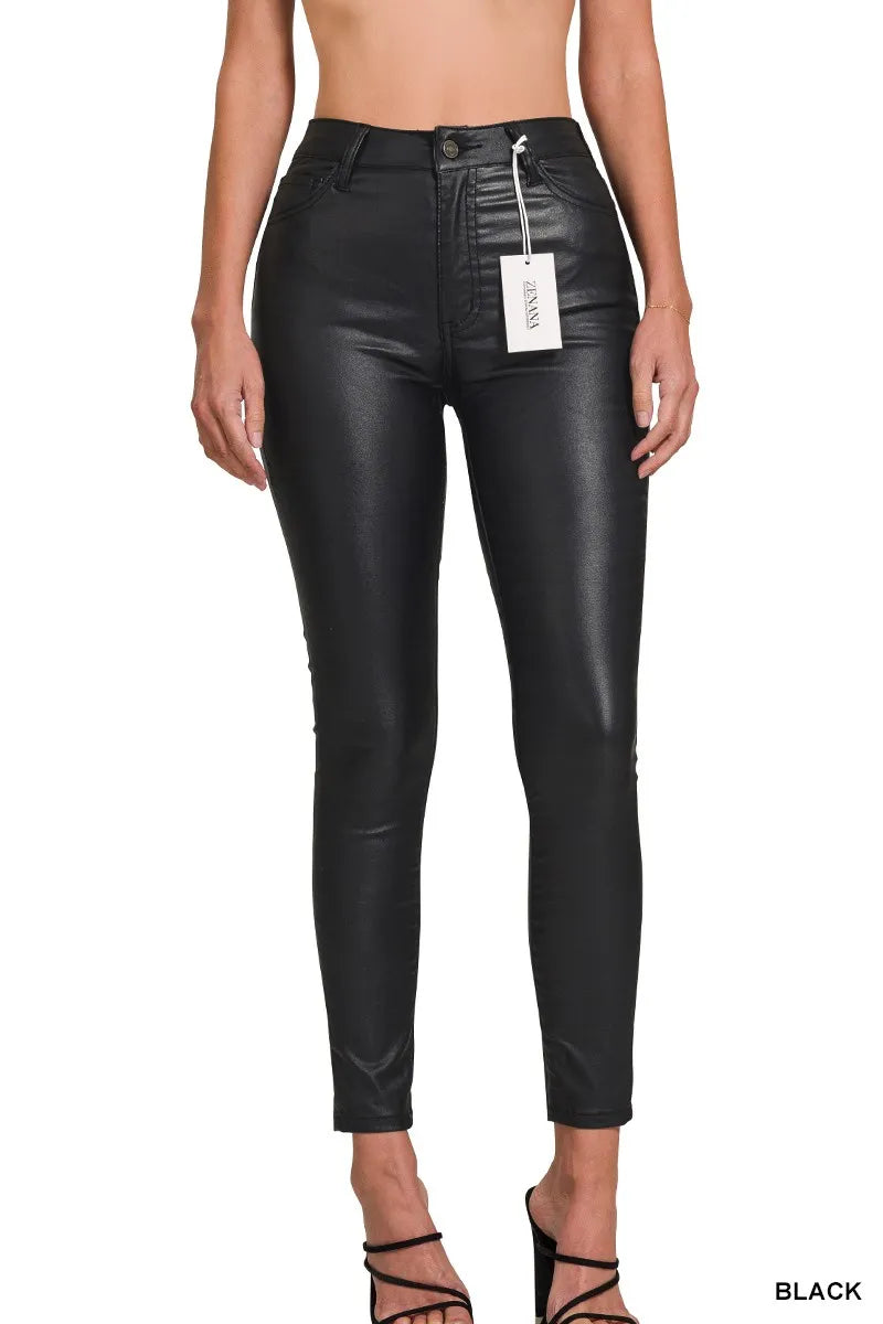 Black faux leather stretch skinny pants with front button, slim fit, size tag