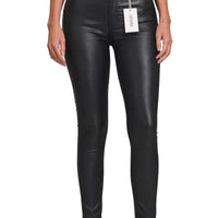 Black faux leather stretch skinny pants with front button, slim fit, size tag