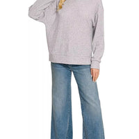 Grey hacci hoodie pullover with hooded neckline and front pocket, long sleeves