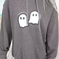 Dark gray oversize hoodie with ghost face front graphic and kangaroo pocket, drawstring hood