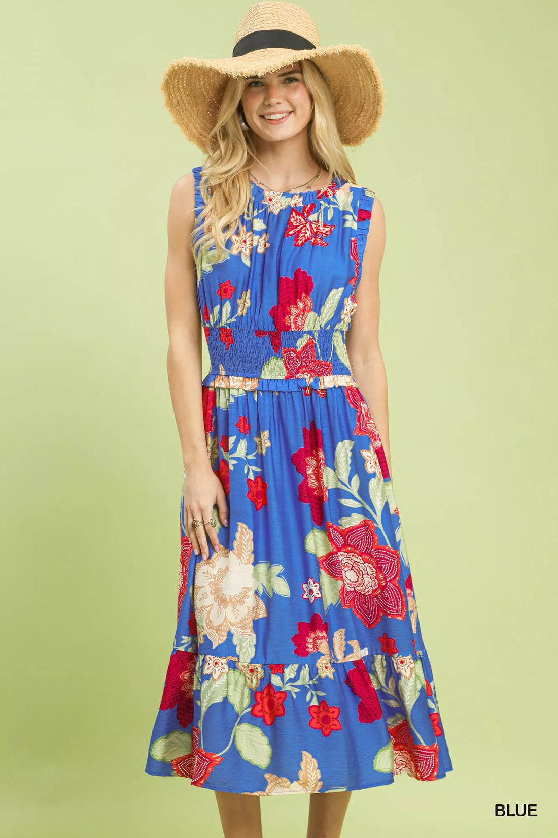Floral smocked midi dress, sleeveless blue with red and cream floral prints