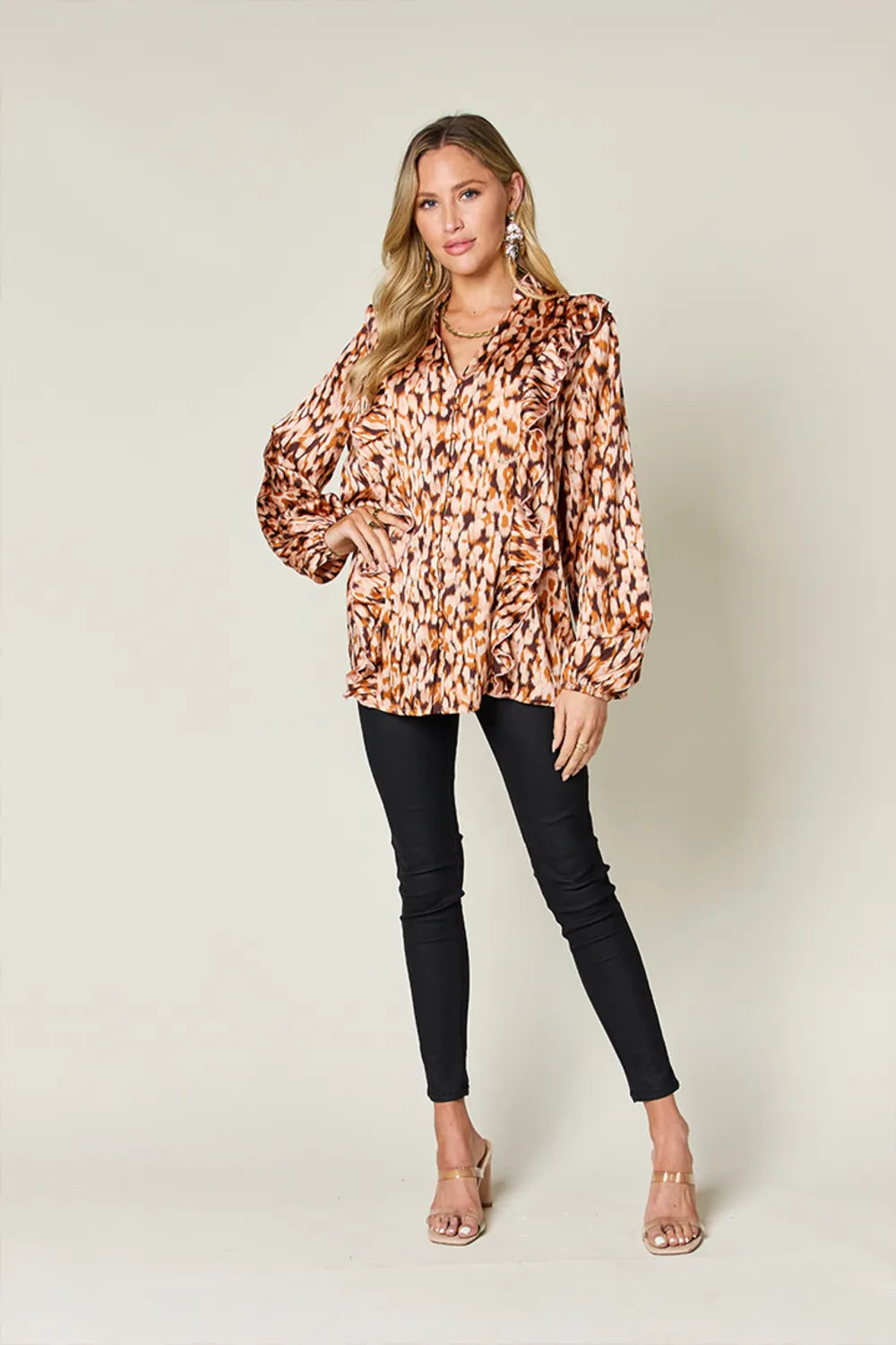 Caramel printed ruffle-trim balloon-sleeve tunic shirt with V-neck and button placket