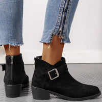 Black suede point-toe block heel ankle boots with square buckle and stacked block heel