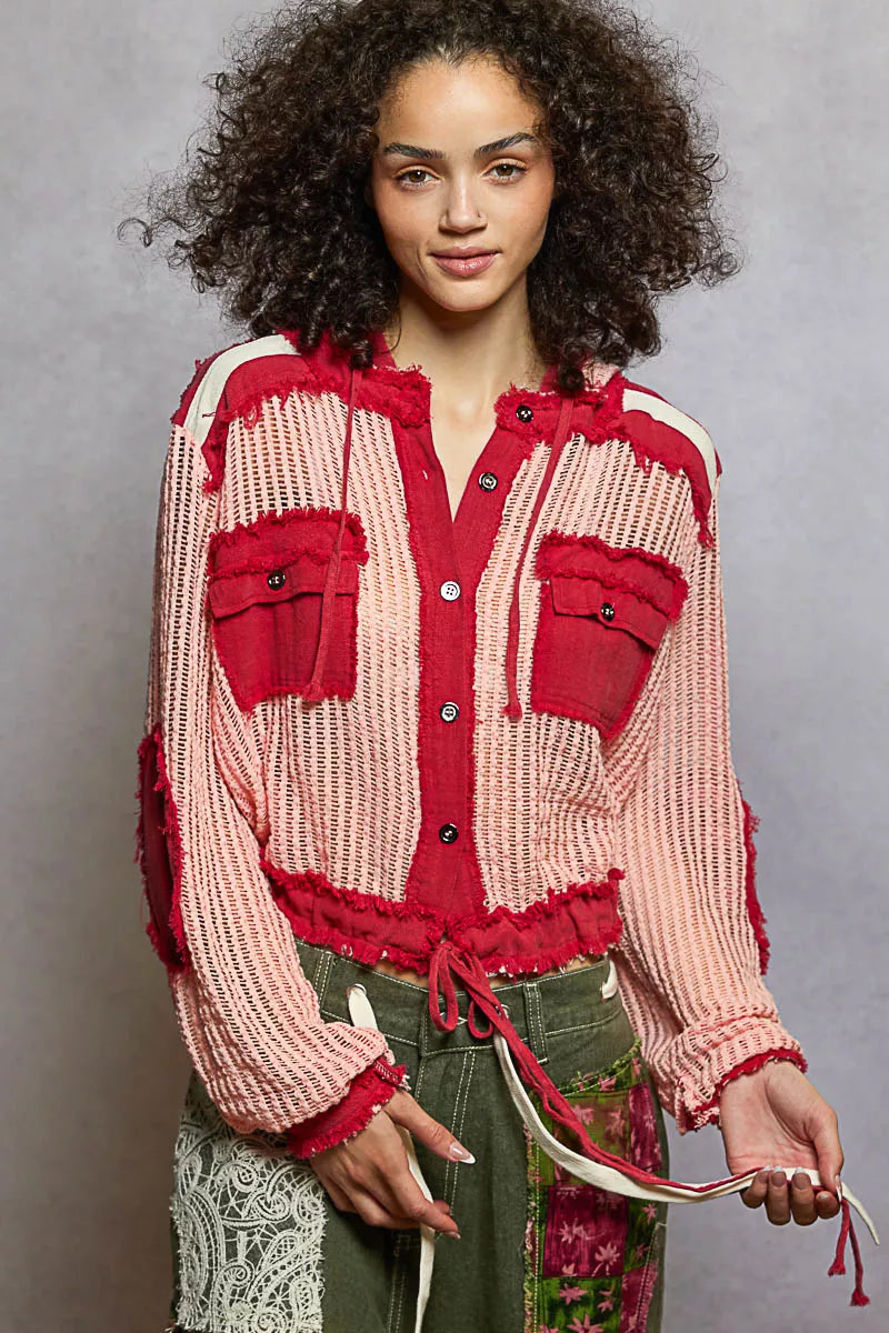 Hooded woven button-down shirt with red-and-blush stripes, front pockets and drawstring