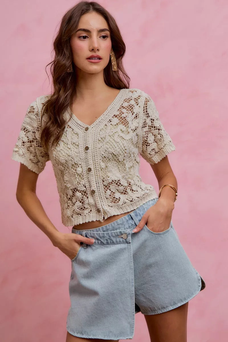 Light blue washed denim wrap skort with front overlay and side pockets