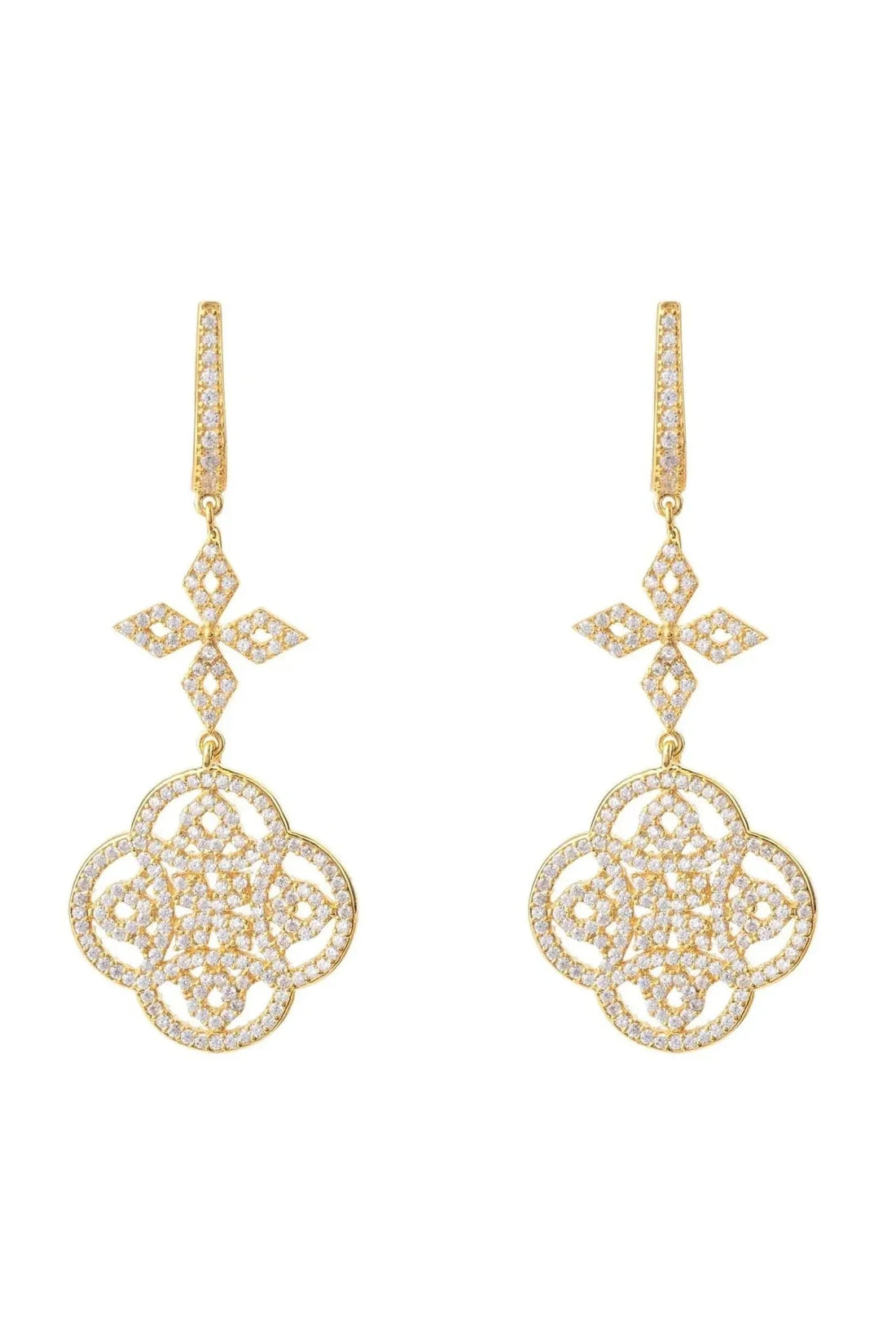 Gold Celtic knot clover drop earrings with pavé accents