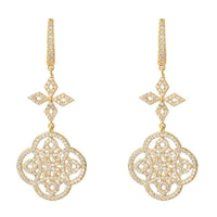 Gold Celtic knot clover drop earrings with pavé accents