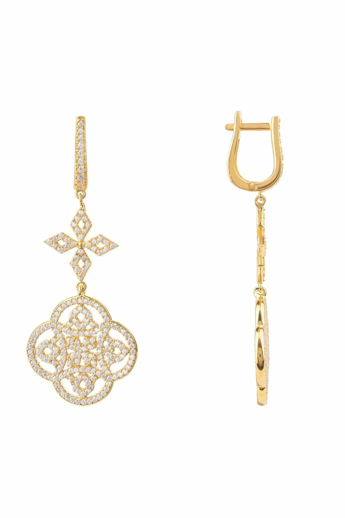 Gold Celtic knot clover drop earrings with pavé details, shown front and side