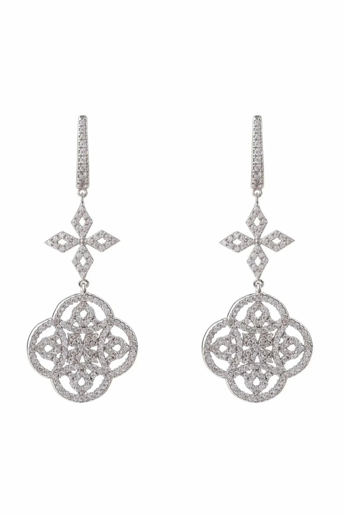 Silver Celtic knot clover drop earrings with dangling cross and clover charms