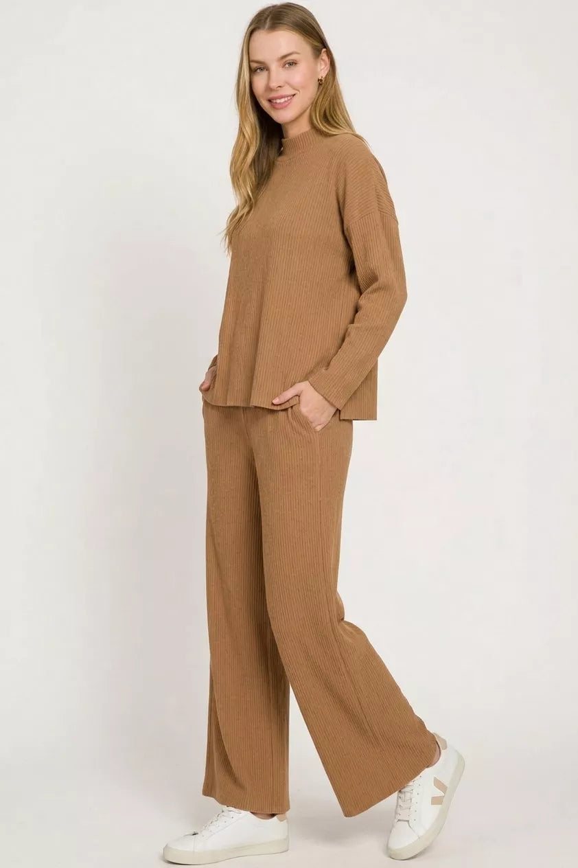 Viscose sweater top and wide-leg pants set in deep camel, long sleeves, crew neck