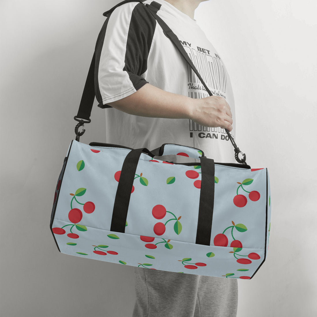 Red Cherry Print Duffle Bag Blue Canvas