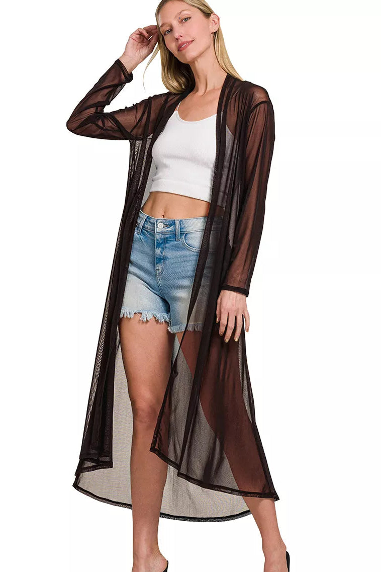 Black mesh open-front cardigan with long sleeves, sheer midi length